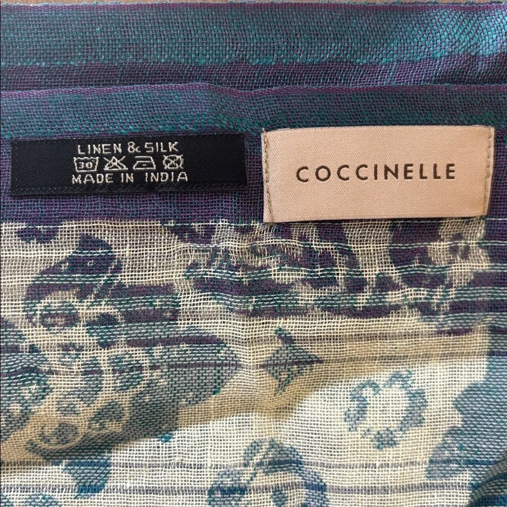 Coccinelle Block Print Silk Linen Blend Fringe Trim Scarf White Blue Green